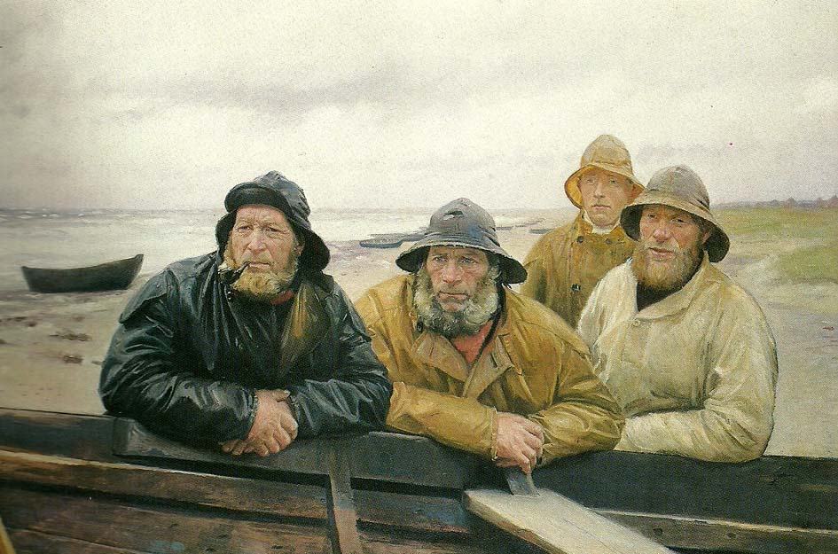 fire fiskere ved en bad pa skagens strand